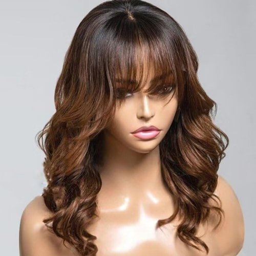 #1B/30 Ombre Brown Loose Wave Human Hair Wigs with Bangs HD Transparent Lace Front Human Hair Wigs Natural Stright 150% Density Glueless Brazilian Remy Hair Wigs For Woman 14Inch