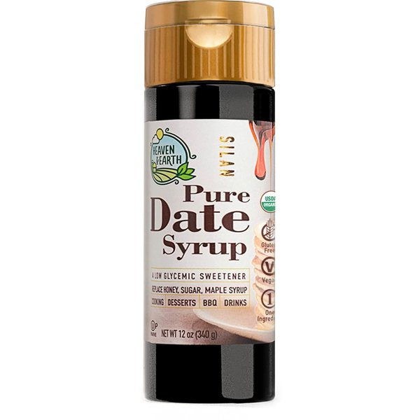 Heaven & Earth 100% Pure Organic Silan Date Syrup 12oz | Date Honey | Squeeze Bottle | Natural Honey or Maple Syrup Alternative | Low Glycemic Index, Great Sugar Replacement | Kosher