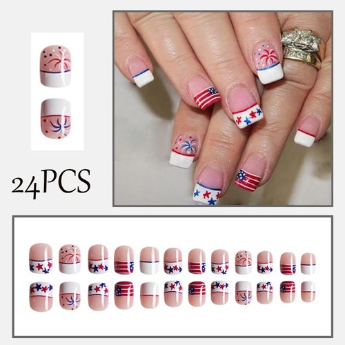 24Pcs 4th of July Press on Nails Short Square White French Tip Fake Nails American Flag Patriotic Stick on Nails Firework Red Blue White Design Artificial Glossy for Women Independence Day Manicure