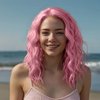 MeaYOO Pink Wig for Women, Short Wavy Pastel Pink Wigs with Lace, Shoulder Length Middle Part Curly Wavy Bob Wig, Natural Looking Synthetic Party Cosplay Wigs for Girl, Colorful Costume Wigs 14 Inch
