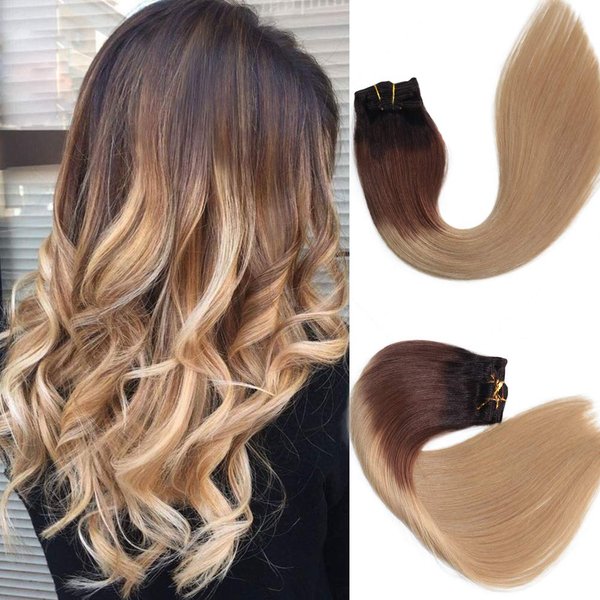 15 Inch Real Hair Extensions Clip in Human Hair Ombre Clip on Extensions Dark Brown with Light Brown Balayage 120g Full Head Straight Soft Hair Extensions