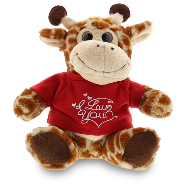 DolliBu I Love You Valentine Plush Sitting Giraffe - Cute Stuffed Animal with Red Shirt and Name Personalization Gift for Valentines Day, Birthday, Anniversary - 6.5 Inches