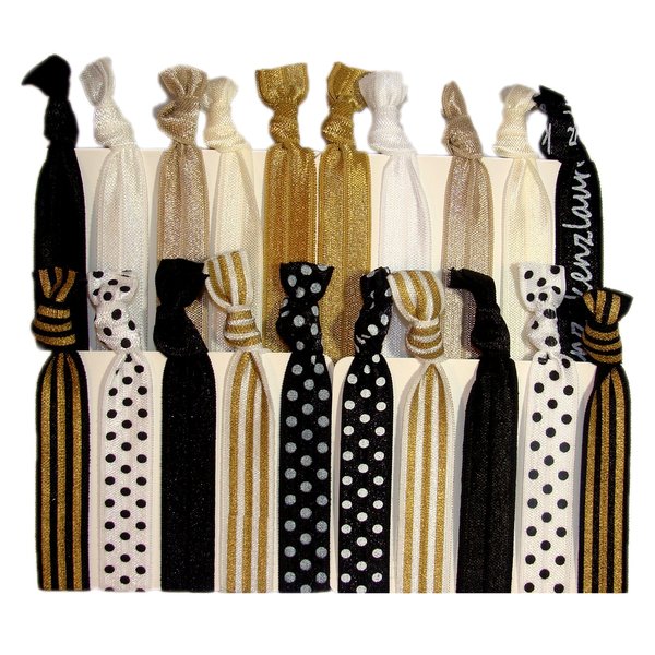 Hair Ties Ponytail Holders - 20 Pack "Sophisticated" Black White Gold Dots Stripes No Crease Ouchless Elastic Styling Accessories Pony Tail Elastics Holder Ribbon Bands - By Kenz Laurenz