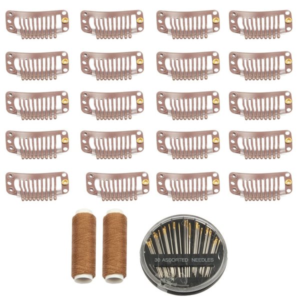 30pcs 9 Teeth Stainless Steel Snap Comb Wig Clips, Hair Extension Clips, Wig Accessories Clip with 30 Assorted Sewing Needles and 2 Rolls Thread (Light Brown)
