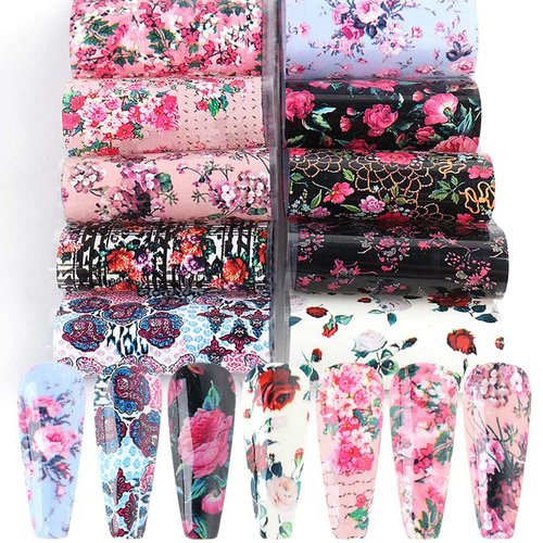 Retro Flower Nail Art Foil Transfer Stickers, Nail Art Stickers Foil Transfers Decals Holographic Rose Flowers Starry Sky Design for Nails Supply Floral Manicure Tips Wraps Nail Art Decorations 10pcs