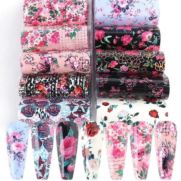 Retro Flower Nail Art Foil Transfer Stickers, Nail Art Stickers Foil Transfers Decals Holographic Rose Flowers Starry Sky Design for Nails Supply Floral Manicure Tips Wraps Nail Art Decorations 10pcs