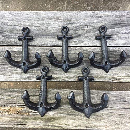 Facaler Nautical Cast Iron Ship Anchor Weathered Nautical Wall Hooks Coat Hook, Screws Included (5 PCS)