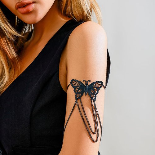 Xerling Boho Hollow out Butterfly Arm Bracelets Chains Tassel Armband Armlet Upper Arm Band Festival Costume Jewelry for Women (Black)