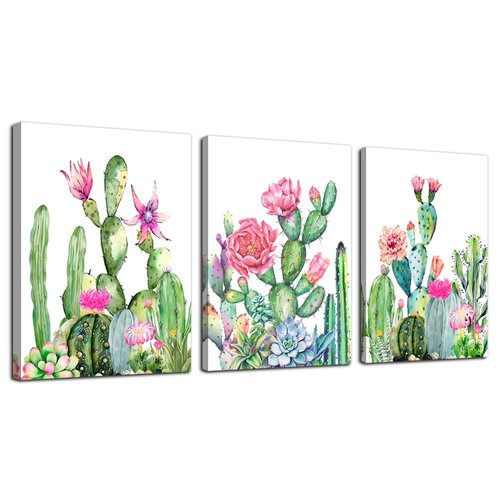 Canvas Wall Art for living room bathroom Wall Decor for bedroom kitchen artwork Canvas Prints green cactus flowers painting 12" x 16" 3 Pieces Modern framed office Home decorations family picture