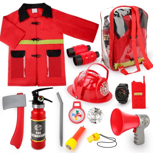 deAO Fireman Costume for Kids, 13 Pcs Fire Fighter with Toys Accessories Set with Washable Storage and Extinguisher, Kids Fireman Dress Up Clothes Pretend Play Toy Birthday Gifts for Boys Girls