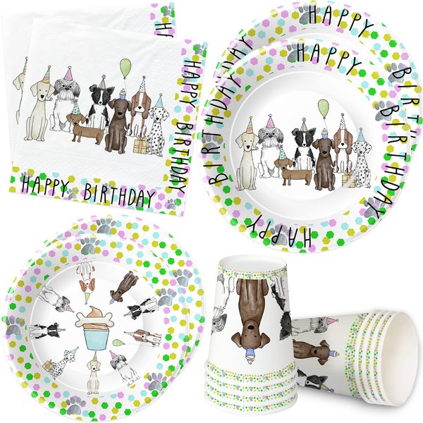 Xigejob Dog Birthday Party Supplies Tableware - Puppy Dog Party Decorations Include Dinner Plates, Dessert Plate, Cups, Napkins, Puppy Dog Themed Baby Shower Dinnerware Decorations | Serve 24