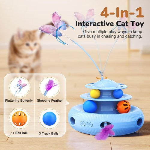 Cat Toys, 4-in-1 Rechargeable Automatic Interactive Cat Toy with Fluttering Butterfly, Random Moving Ambush Feather, Two-Tier Track Balls, 5H Smart Standby, Touch-Activated
