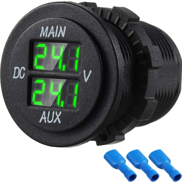 LED Digital Double Voltmeter, Round Panel Voltage Monitor for Car Pickup RV Truck Dual Battery Pack (Green)