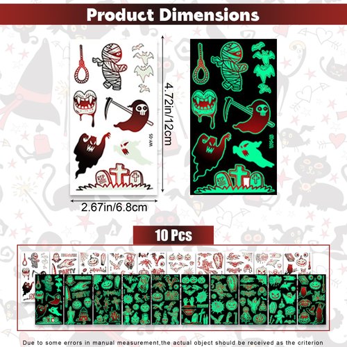 100 Styles Halloween Luminous Temporary Tattoos,10 Sheets Glow in the Dark Halloween Tattoos for Kids,Waterproof Fake Face Tattos Stickers for Party Favors,Trick or Treat Goodie Bags Fillers (Red)
