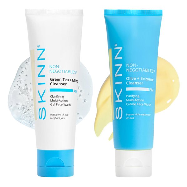 SKINN Day & Night Face Wash for Women & Men - Refreshing Green Tea & Mint Infusion, Nourishing Olive & Enzyme Formula - Complete AM/PM Cleanser Set for Hydrated