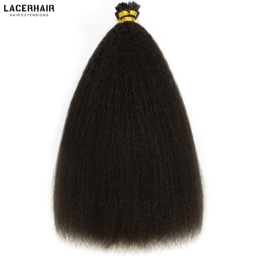 Lacerhair Kinky Straight Itip Human Hair Extensions Pre Bonded Coarse Yaki Virgin Natural Black Microlinks I Tip Hair Extensions Real Human Hair for Black People Cold Fusion 12 Inch 100 Strands 80g