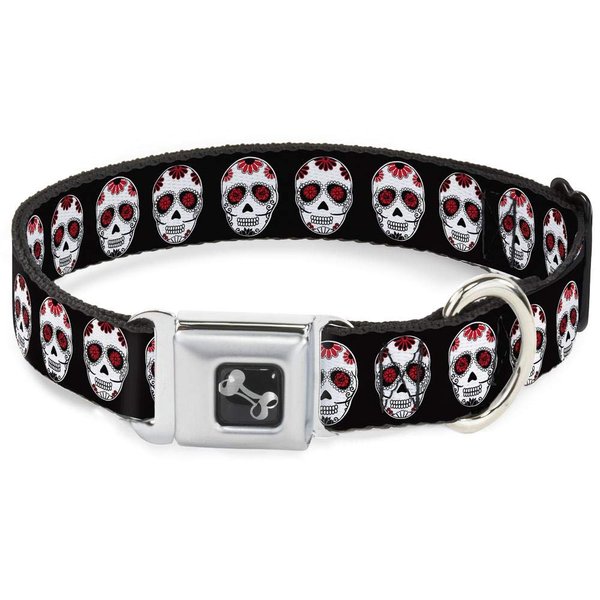 Dog Collar Seatbelt Buckle Sugar Skulls Black White Red 16 to 23 Inches 1.5 Inch Wide, Multi Color