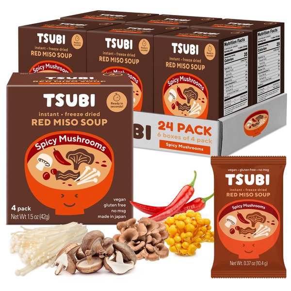 Tsubi Soup Freeze-Dried Japanese Miso Soup Packets - Instant, Vegan, Easy Mix, Gluten & MSG-Free, and Flavorful - Ready in Seconds - Authentic Taste of Japan - Red Miso (Spicy Mushroom) - 24 Packs