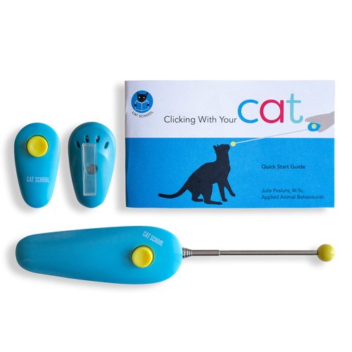 CAT SCHOOL Clicker Training Kit - 1 Cat Training Clicker, 1 Target Stick, 1 Step-by-Step Instruction Booklet - Clicker Tools for Cat Training, Fist Bump Training, Positive Behavior