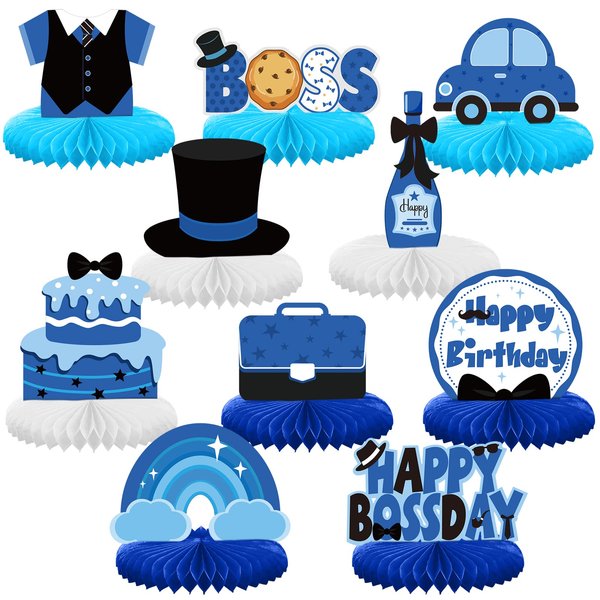 SATINIOR 10 Pcs Boy Centerpieces for Tables Boss Table Centerpieces Leader Boys Birthday Table Decorations Blue Happy Birthday Honeycomb Centerpieces for Newborn Boys Boss's Day Birthday Party
