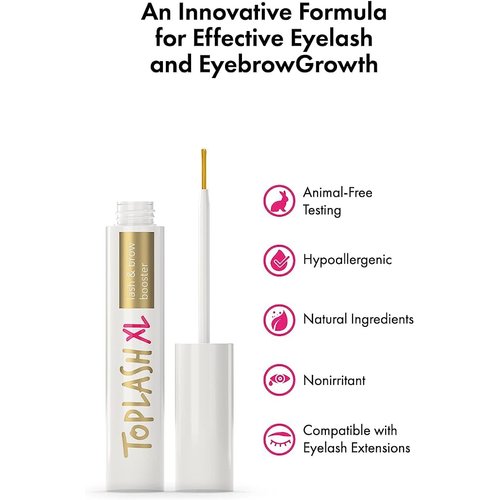 Toplash XL Lash and Brow Booster, Growth Serum with Eyelash and Eyebrow Enhancer, Promotes Stronger, Thicker, Healthier Lashes with Botanicals and Peptides