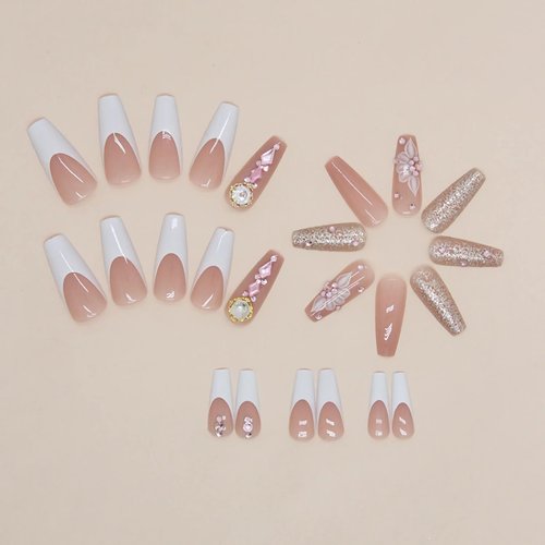 BABALAL Coffin Press on Nails Long Fake Nails White French Glue on Nails Glitter Rhinestone Flower Design Ballerina False Nails 24Pcs Shiny Acrylic Nails for Women and Girls