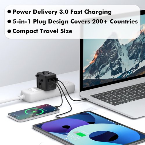 TRAVEL DEPOT Universal Travel Adapter w/USB Ports, GaN All in One Worldwide Plug Adapter, International Power Converter for All Devices, Wall Charger AC Power Type C Charging Ports for USA EU UK AUS