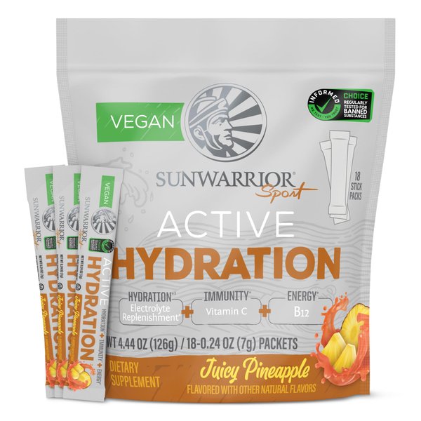 Sunwarrior Hydration Powder Electrolyte Packets Powder | Juicy Pineapple Flavored | 18 stick packs 126g pouch | Vegan and Plant-Based Sugar Free | B12 Elderberry and Electrolytes | Active Hydration