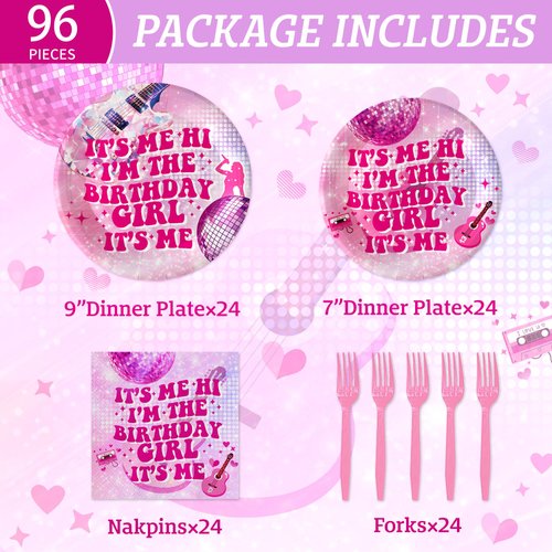 96 PCS I'm the Birthday Girl It's Me Tableware kit, Music Themed Party Supplies for Girls Fans Birthday Decorations Hi I'm the Birthday Girl Music Plates Napkins Tableware Set for 24 Guests