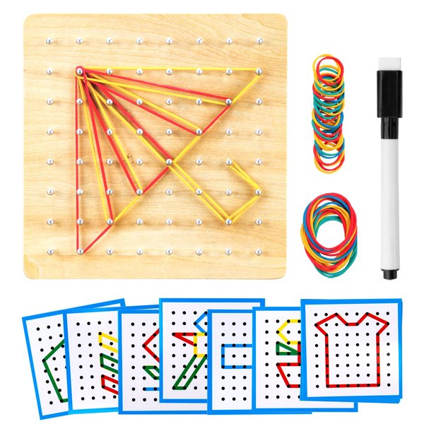 HEELWIRE Wooden Geoboard,Montessori Toy,Graphical Mathematical Education Toy for Kids with Pattern Cards and Rubber Bands to Figures and Shapes, Brain Teaser STEM Toy Geo Board (7 * 7 * 0.6 in)