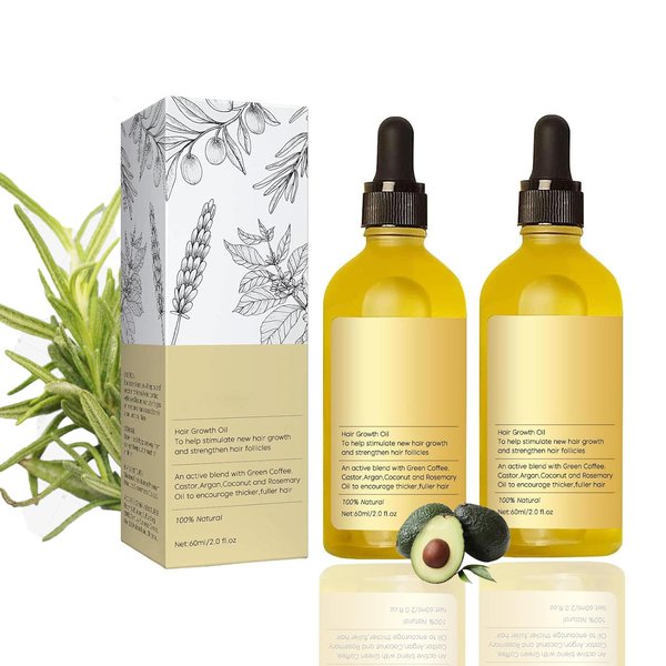 Generic Veganic Natural Hair Growth Oil, Veganic Hair Growth Oil, Hair Oil, Rosemary Hair Growth Oil for Dry Damaged Hair and Growth Thin Hair, 2Fl Oz, 60Ml, 2PCS, Yellow