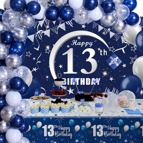 Navy Blue 13th Birthday Decorations for Boys and Girls, Happy 13th Birthday Backdrop, Tablecloth, Balloons Garland Arch Kit - 13th Birthday Banner Party Supplies Bday Decor for Sweet 13 Year Old Teen