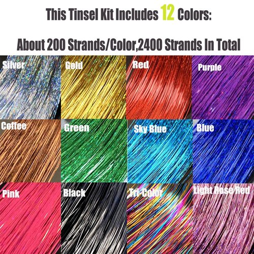 50Inch Tinsel Hair Extensions Kit with Tools 12Colors 2400 Strands Sparkling Shiny Hair Tinsel Kit for Women Girl For Christmas New Year(50 Inch, 12 colors+tools kit)