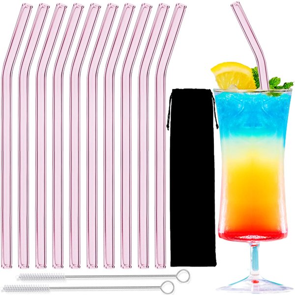 Glass Straw – 10pcs Pink Bent Glass Straw Set, 8'' Reusable Straws With Cleaning Brush For Tumblers, Tervis, Mason Jars (Pink 10pcs)