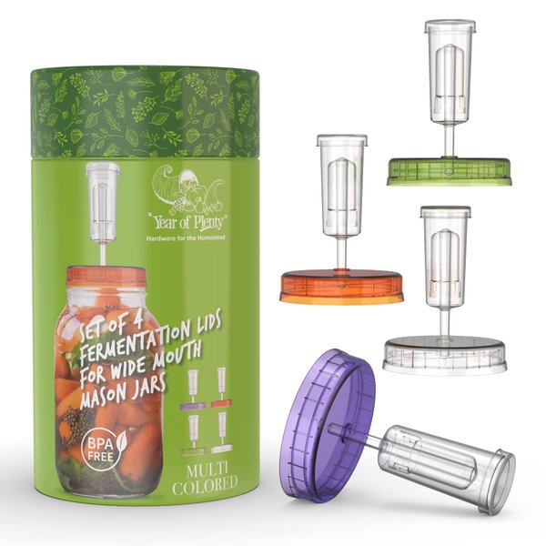Year of Plenty BPA-Free, Clear Fermentation Lids | 4-Pack | for Making Sauerkraut in Wide Mouth Mason Jars | Includes Instructions, Recipe and Gift Box for Storage… (Clear)
