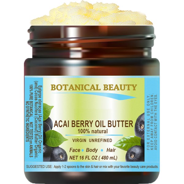 Botanical Beauty ACAI BERRY OIL BUTTER RAW VIRGIN UNREFINED BLEND for Face, Body, Hair, Lip and Nails. Organic Coconut Oil and Acai Berry Oil 16 Fl. oz. - 480 ml. Rich in Vitamin E