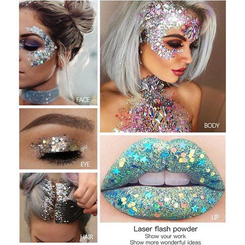 Body Glitter Gel 16 Color Sequins Glitter Gel Easy to Apply&Clean, Festival Glitter Christmas Makeup for Women Long Lasting Sparkling Suitable for Body, Face, Hair, Eyes Silver (Chunky Glitter)