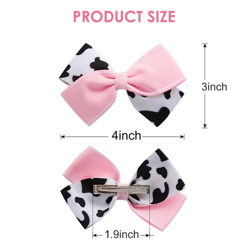 2PC Cow Print Hair Bow Clips 4 Inch Pink Cowgirl Pigtail Bows Farm Party Costume Hair Accessories