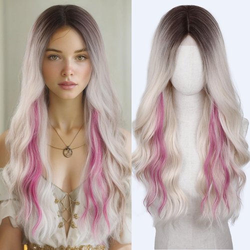 HANNE Long Wavy Blonde pink Wig Small Lace Synthetic Platinum with Pink Highlights Wig 26 Inch Natural Wavy Black Wigs for White Women(Blonde Pink)