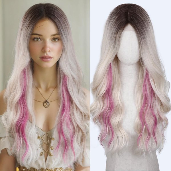 HANNE Long Wavy Blonde pink Wig Small Lace Synthetic Platinum with Pink Highlights Wig 26 Inch Natural Wavy Black Wigs for White Women(Blonde Pink)