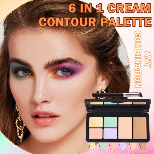 6 Colors Correcting Concealer Contour Makeup Palette,Cream Concealer Contour Palette for Dark Circles Blemish Redness,Highlighting Long Lasting Contouring Liquid Foundation Makeup with Brush（01）