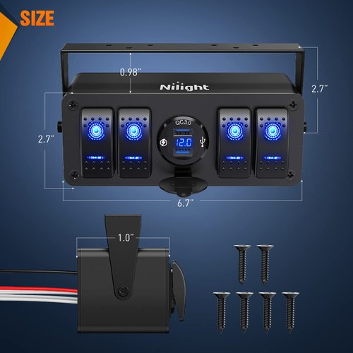 Nilight 4 Gang Rocker Switch Box 12V SPST ON Off Switch QC 3.0 USB Charger Voltmeter Waterproof Aluminum Rocker Switch Panel Night Glow Stickers for Boats Cars RVs Trucks, 2 Years Warranty,Blue