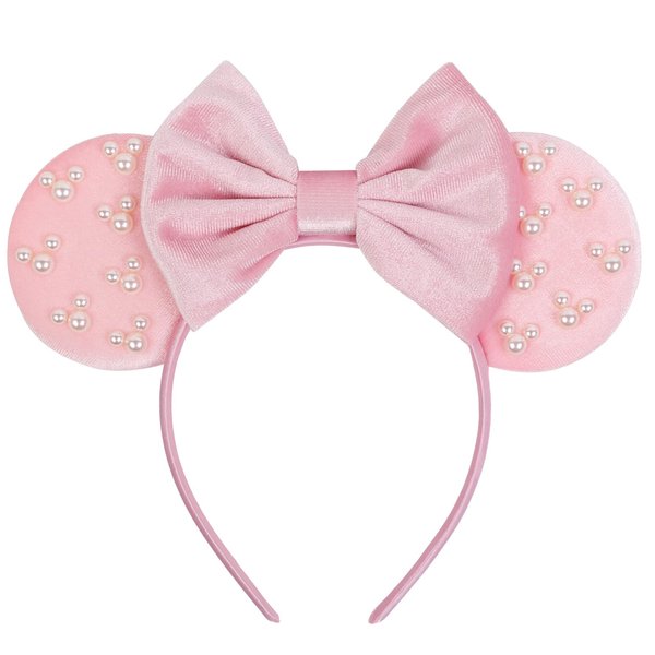 WOVOWOVO Mouse Ears Headbands for Women Girls Pink Bow Pearl Hairbands Velvet Headband Christmas Cosplay Costume Princess Party Decorations