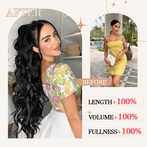 Vexwig Ponytail Extension Long Curly Wavy Claw Clip in Ponytail Hair Extensions Curly Pony Tail Natural Wavy Synthetic Hair piece for Women, (Natural Black 1B#)