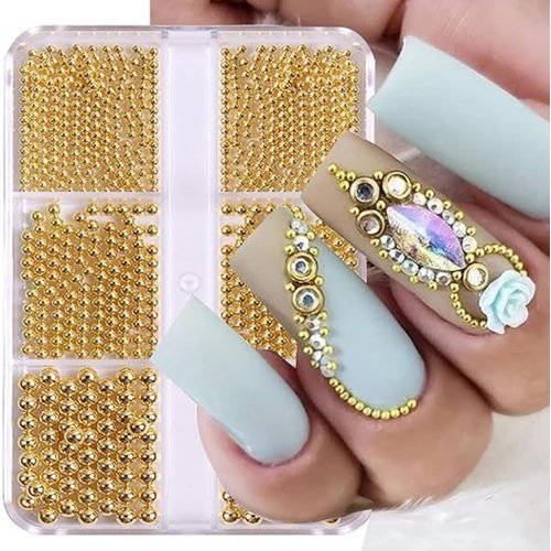 Chunmeng 3D Nail Caviar Beads Nail Art Decoration Mini Metal Nail Beads, DIY Nails Supplies Accessories for Women Manicure (Golden)