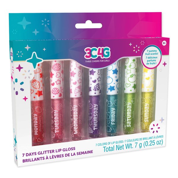 Make It Real 3C4G 7 Days Glitter Lip Gloss - Flavored Lip Gloss Set for Girls - Strawberry, Raspberry, Vanilla and More! - 7 Piece Lip Gloss Kit