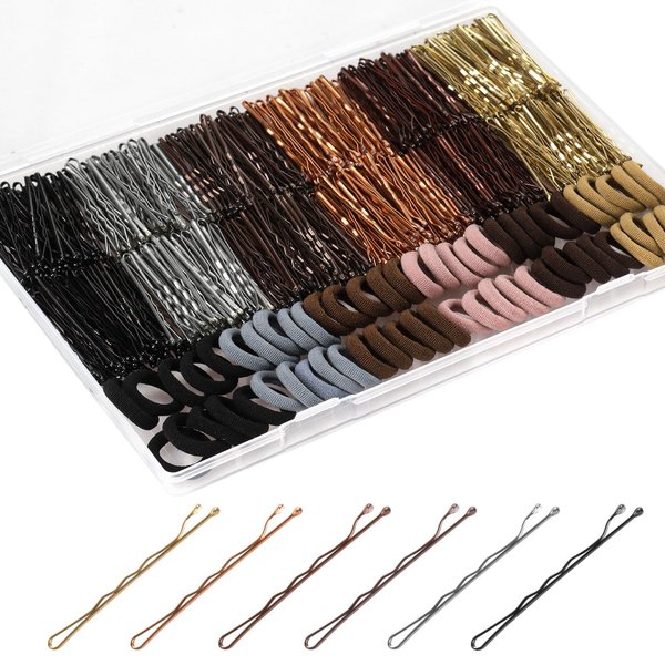 300 Pieces Bobby Pins Brown Hair, 2 Inch Bobby Pins for Women Girls with 60 Pieces Hair Ties, Black Blonde Brown Hair Pins with Storage Box