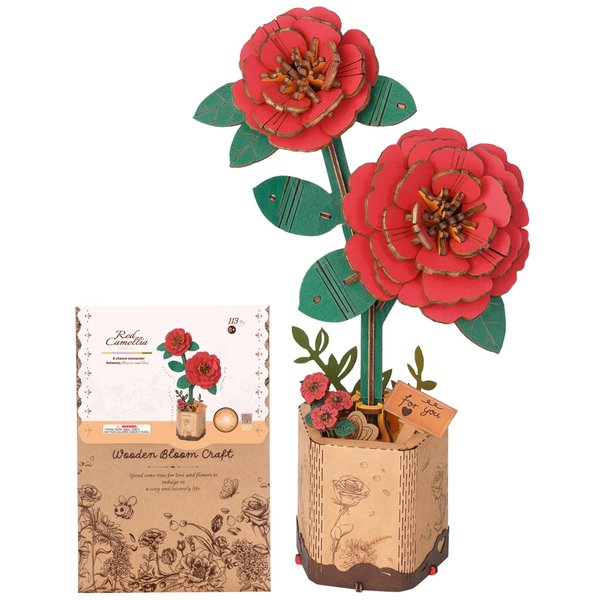 Wowood 3D Flower Wooden Puzzles for Adults-Red Camellia, DIY Wooden Flowers Model Kit Building Set Crafts for Adults to Build, Botanical Collection/Ideal Creative Gift Ideas/Housewarming (113PCS)