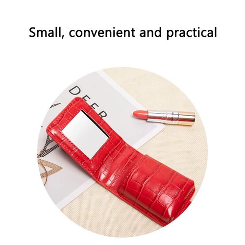 Makeup Lipstick Case, Portable Lipstick Case with Mirror for Purse PU Leather Lipstick Organizer Mini Bag Travel Cosmetic Pouch Fits 3 Lipsticks Makeup Pouch for Travel, 9.5 x 7 x 3cm (Red)