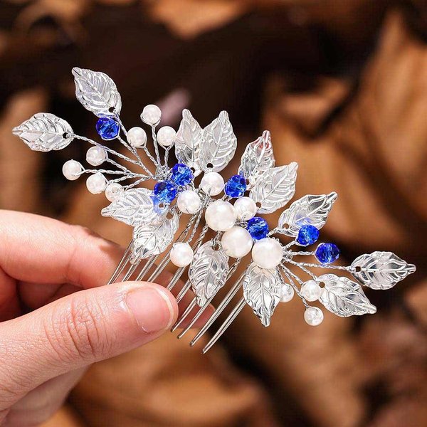 Latious Pearl Bride Wedding Hair Comb Blue Bridal Rhinestone Hair Clip Leaf Hair Piece Wedding hair accessories for Women and Girls
